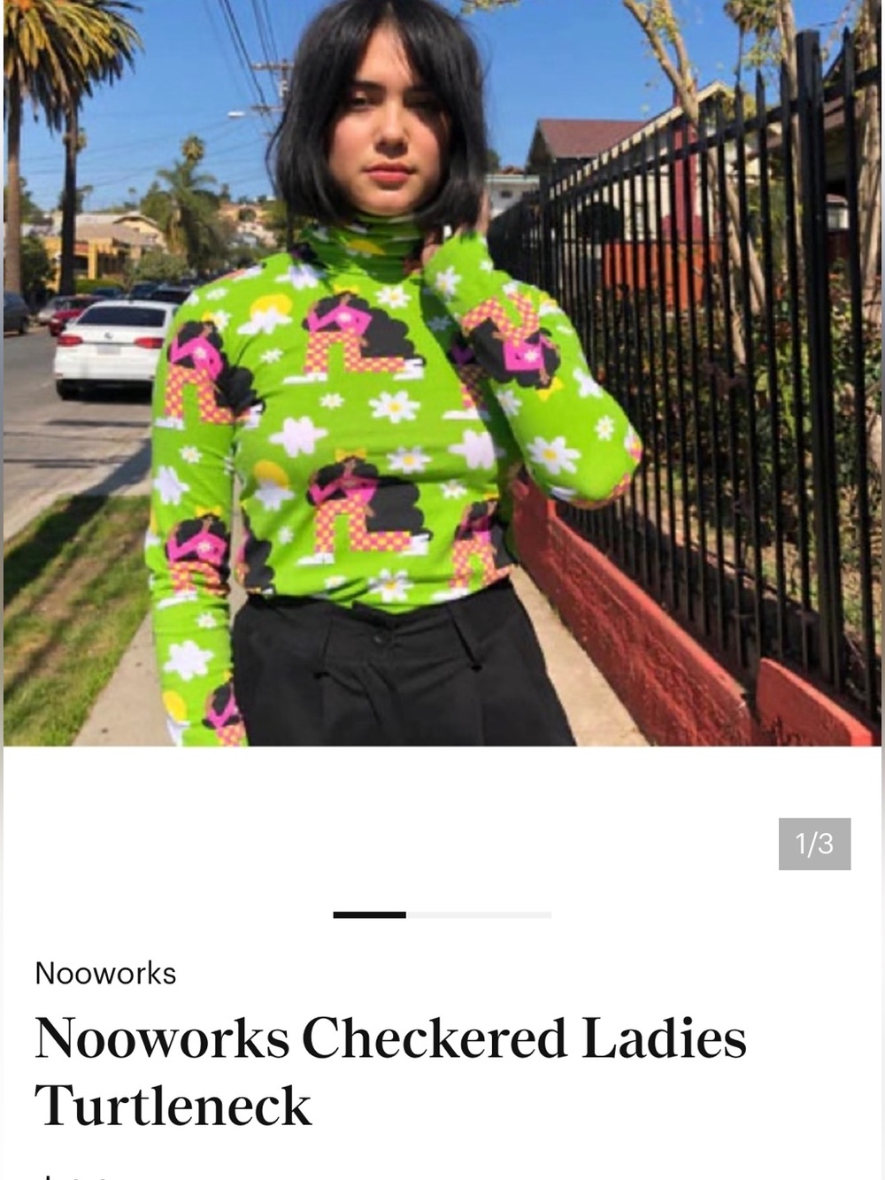 Nooworks Checkered Ladies Lime Green Patterned Knit Turtleneck Small